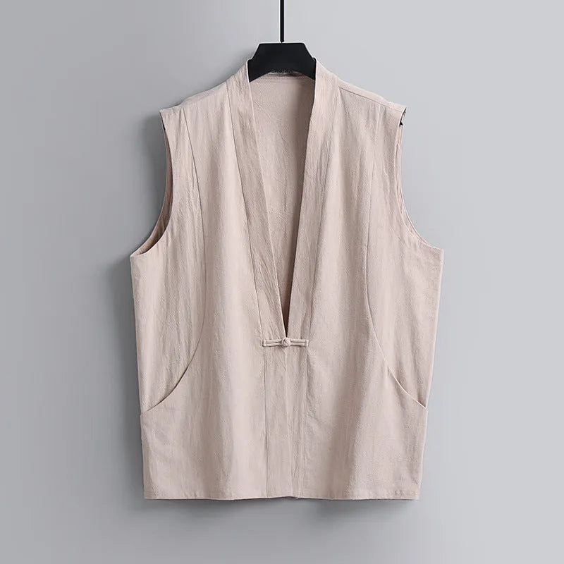 Men's light grey linen sleeveless vest with loose fit on hanger