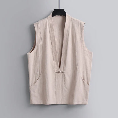 Men's light grey linen sleeveless vest with loose fit on hanger