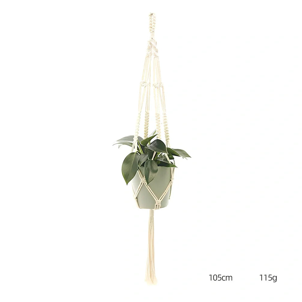 Hand-knitted cotton flowerpot net bag showing intricate pattern and hanging installation with plant