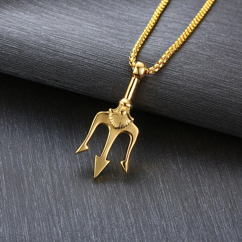 Neptune's Trident Titanium Steel Pendant Necklace in classic silver, night black, and local gold