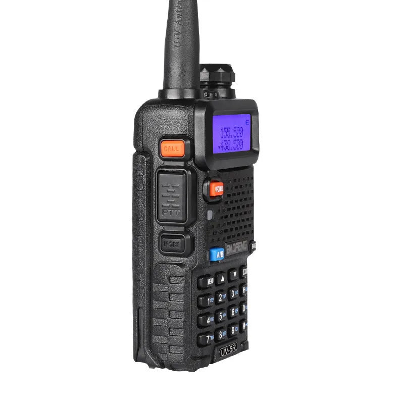 Black walkie talkie with antenna showing 128 channels and VHF/UHF frequency range for long-distance communication.