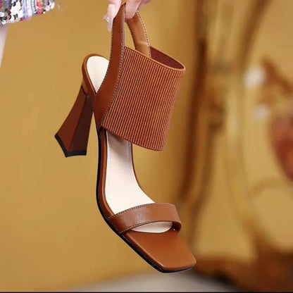 Women's high heel sandals with elastic strap in Black, Milky White, and Brown colours
