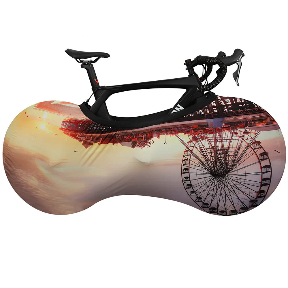 Black polyester-spandex bicycle wheel dust cover, 149cm length, adjustable 48-58cm height for 24-29 inch wheels