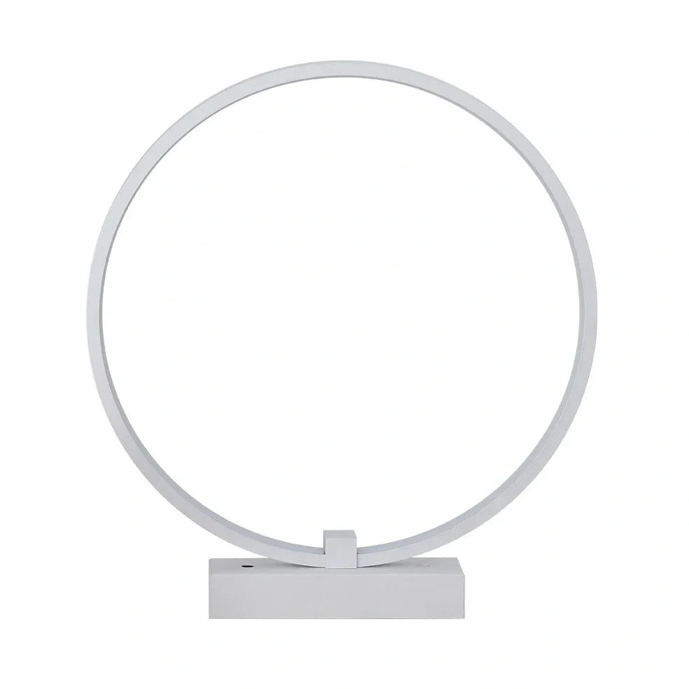 Modern 25cm diameter white LED bedside lamp with acrylic frame and iron base, emitting cool or warm white flicker-free light