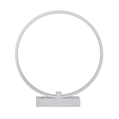 Modern 25cm diameter white LED bedside lamp with acrylic frame and iron base, emitting cool or warm white flicker-free light