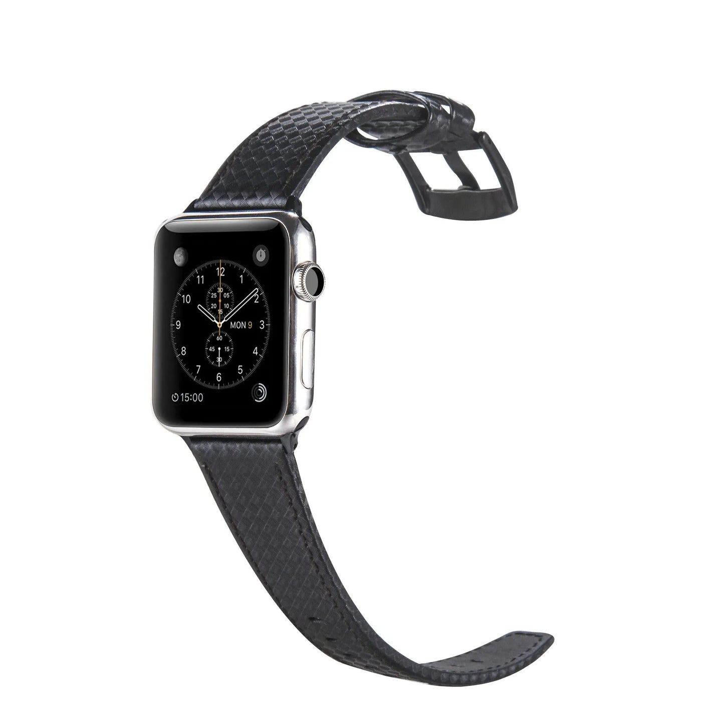 Leather Apple Watch strap with carbon fibre pattern case in red, black, orange, and blue colour options.