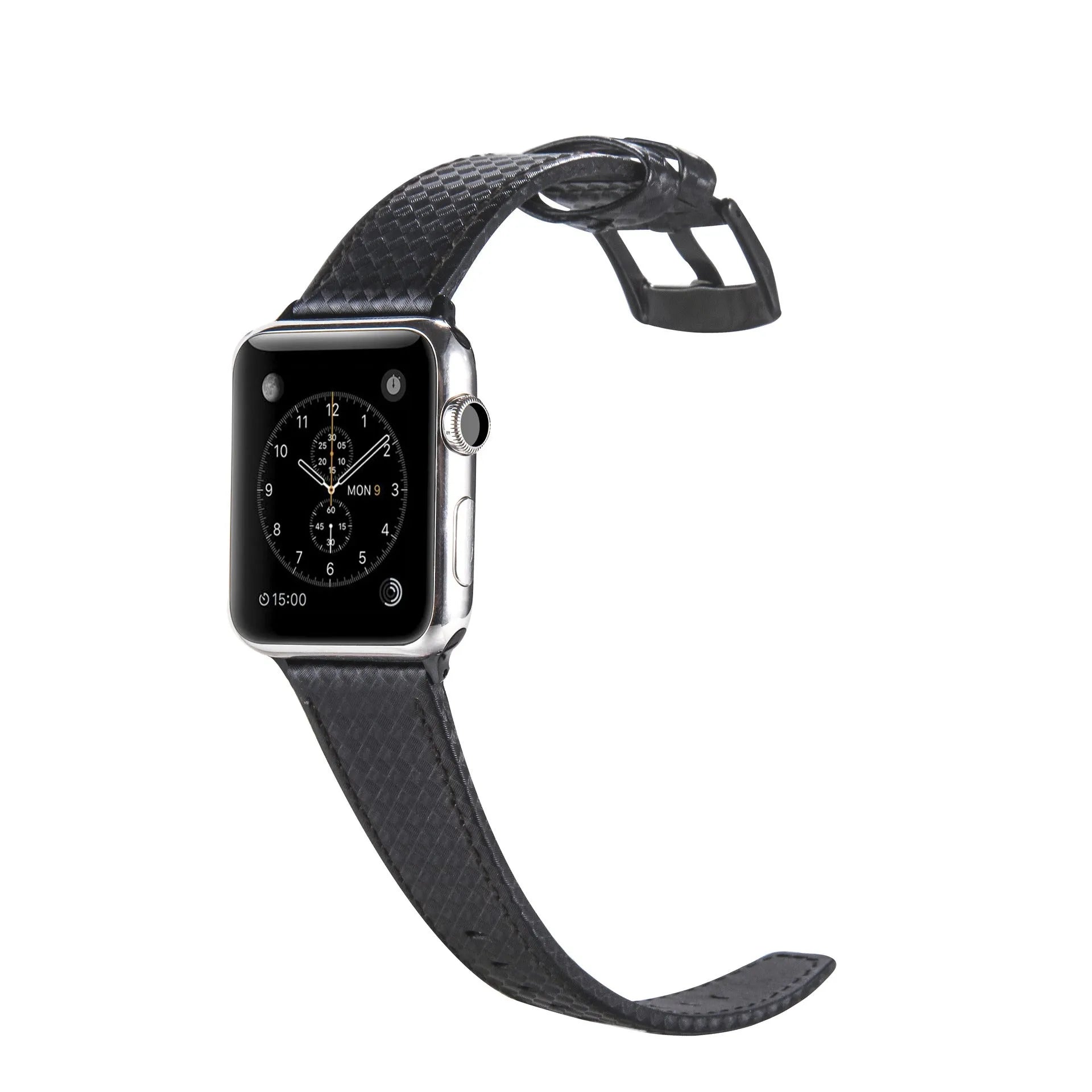 Leather Apple Watch strap with carbon fibre pattern case in red, black, orange, and blue colour options.