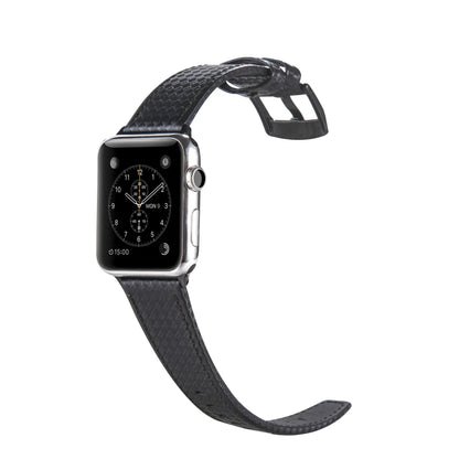 Leather Apple Watch strap with carbon fibre pattern case in red, black, orange, and blue colour options.