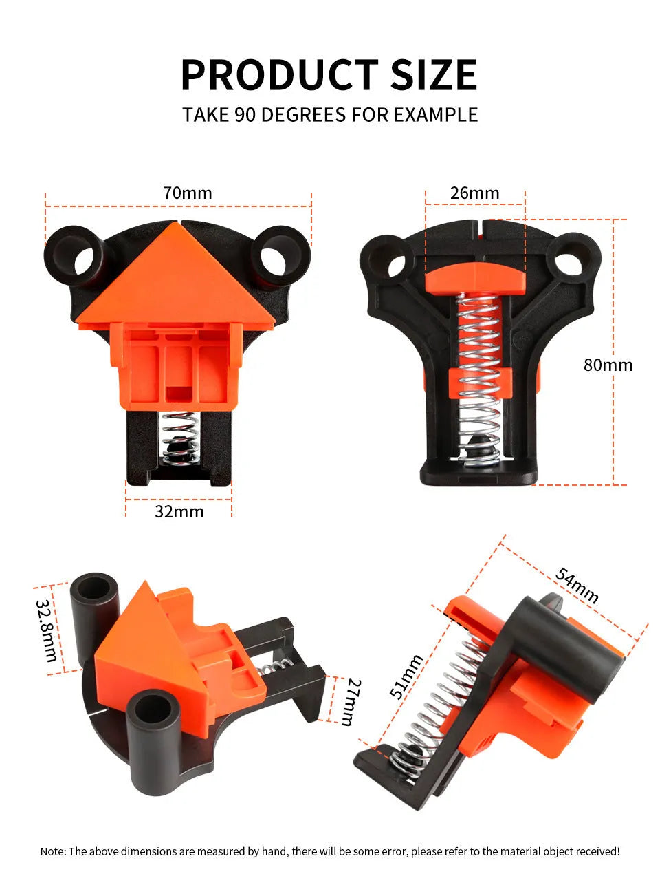 Four white plastic right angle clamps for woodworking and picture frame assembly on a workbench.