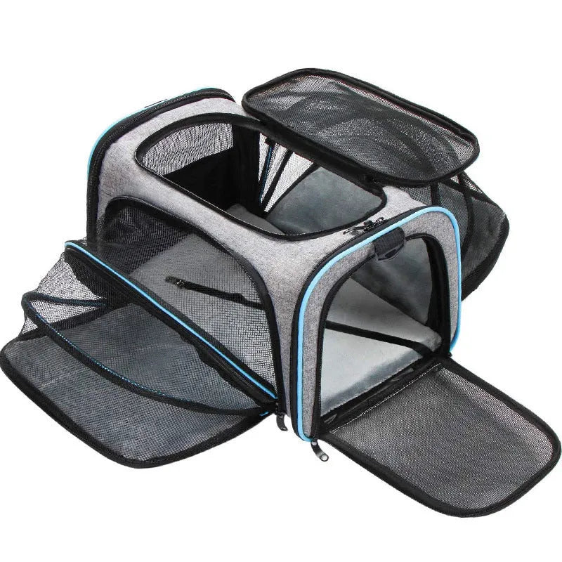 Black and grey portable cat carrier bag with 600D cation fabric construction.