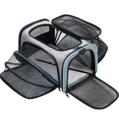 Black and grey portable cat carrier bag with 600D cation fabric construction.