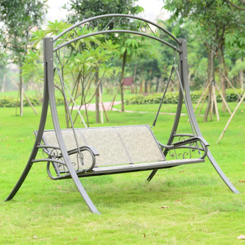 Three-person outdoor swing chair with alloy steel frame and Teslin mesh backrest in rustic design