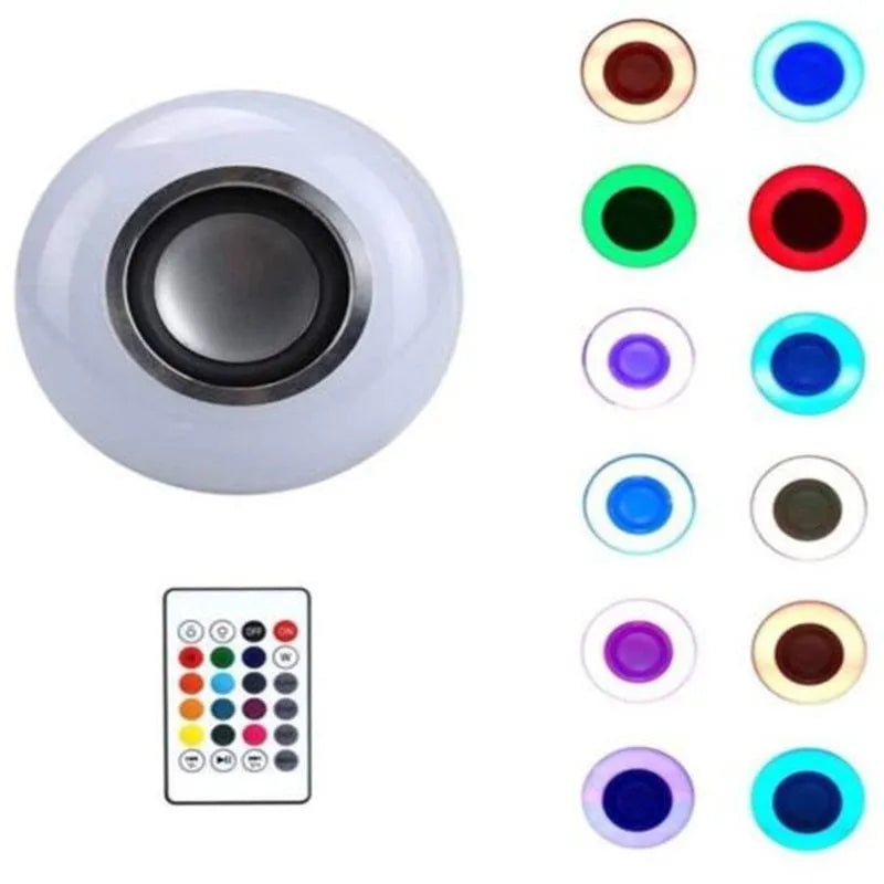 White smart Bluetooth LED bulb speaker with E27 base and remote control for RGB lighting