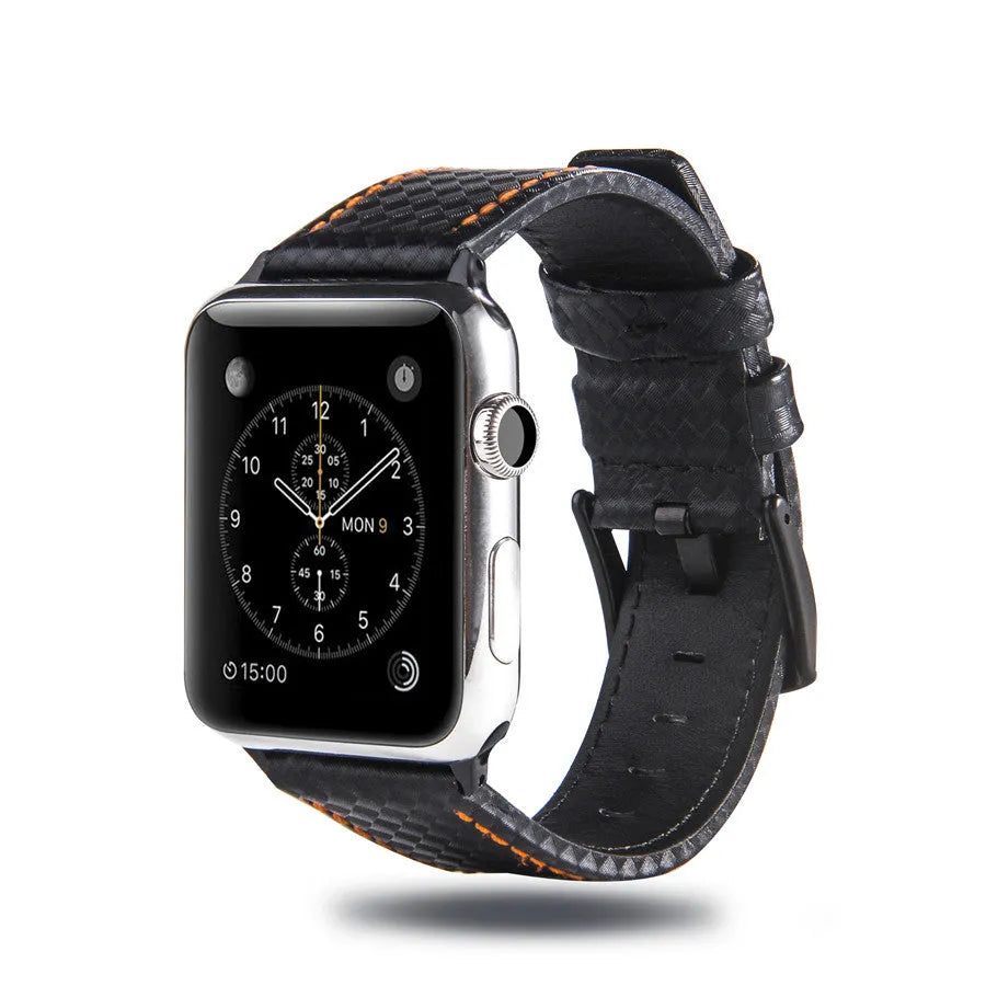 Leather Apple Watch strap with carbon fibre pattern case in red, black, orange, and blue colour options.