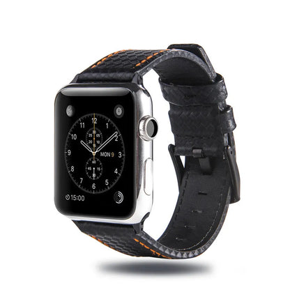 Leather Apple Watch strap with carbon fibre pattern case in red, black, orange, and blue colour options.