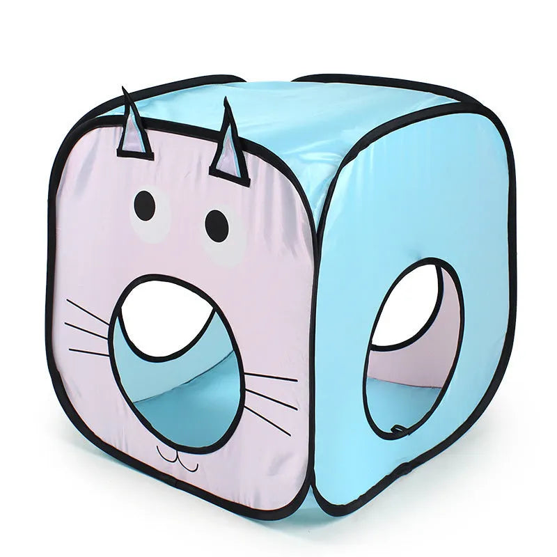 Collapsible grey pet tunnel with cat and fish graphic, shown folded and unfolded