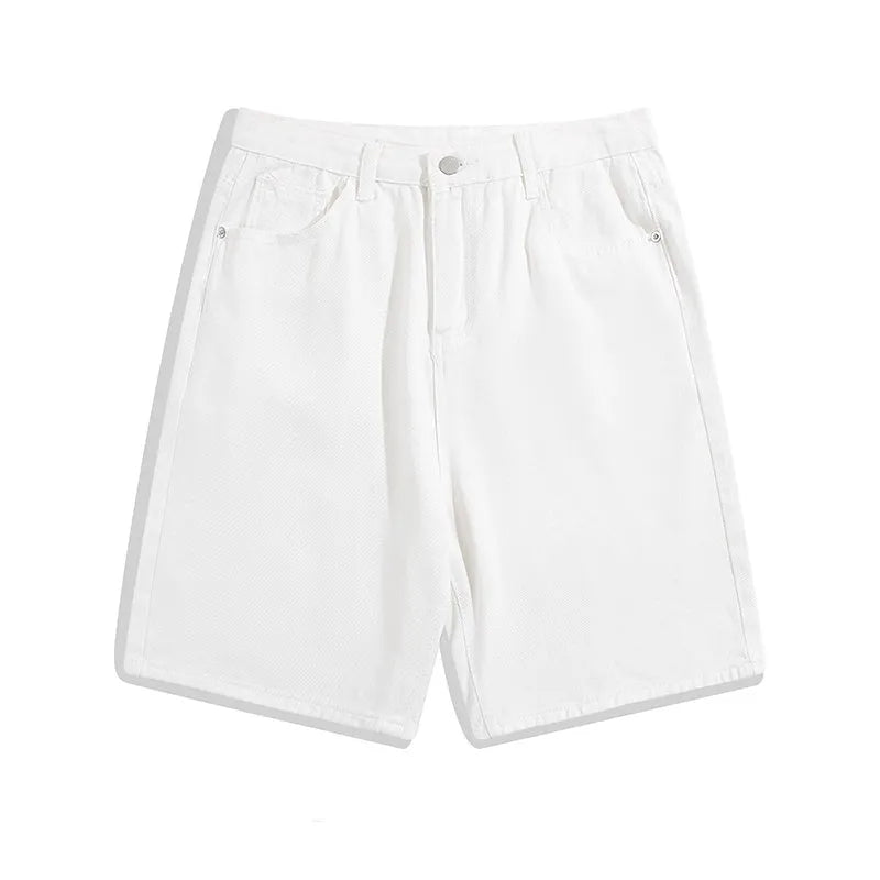 Men's straight-leg denim shorts in light blue with five-pocket design and zipper fly
