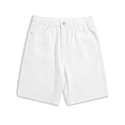 Men's straight-leg denim shorts in light blue with five-pocket design and zipper fly