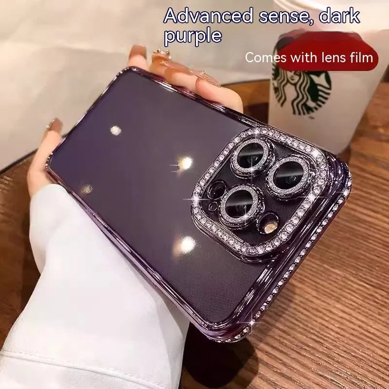 Rhinestone glitter TPU phone case with lens protector, compatible with iPhone 11 to 15 Pro Max, available in black, dark purple, gold, pink, silver and blue.