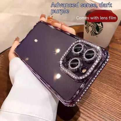Rhinestone glitter TPU phone case with lens protector, compatible with iPhone 11 to 15 Pro Max, available in black, dark purple, gold, pink, silver and blue.
