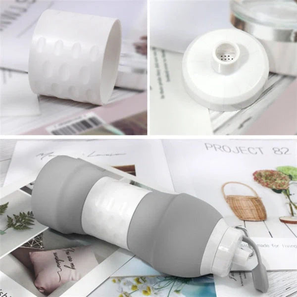 Collapsible silicone water bottle in various colours, perfect for travel and outdoor activities