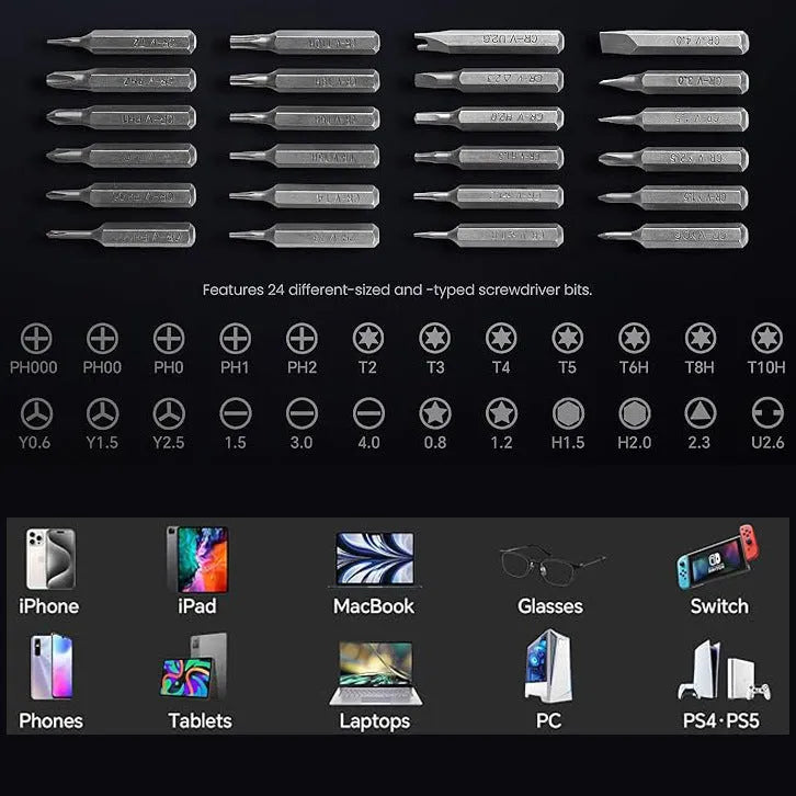 25-in-one screwdriver set with magnetic bits, chrome vanadium steel construction, and 110mm length for household repairs