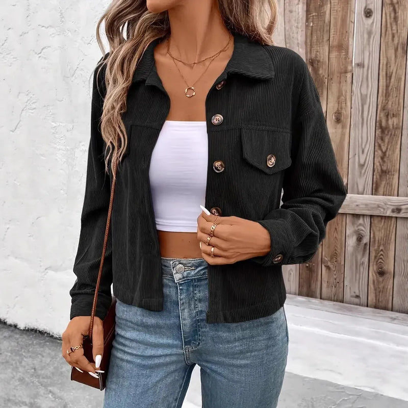Women's Long Sleeve Casual Shirt Jacket Retro Artistic Button Coat in Medium-Thickness Polyester Fabric available in Brown Pink Black Apricot Green Blue colours and S M L XL XXL Asian sizing