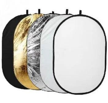 60x90cm collapsible photography reflector showing five surfaces: gold, silver, white, black, and translucent