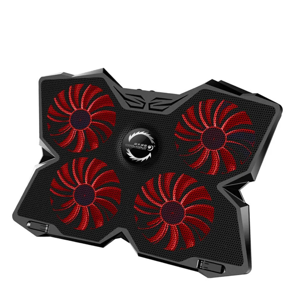 Blue computer cooling base with four illuminated fans, USB ports and speed control switches