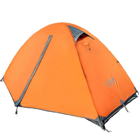 Ultra-light double camping tent in green, orange, and blue, set up in a mountainous landscape