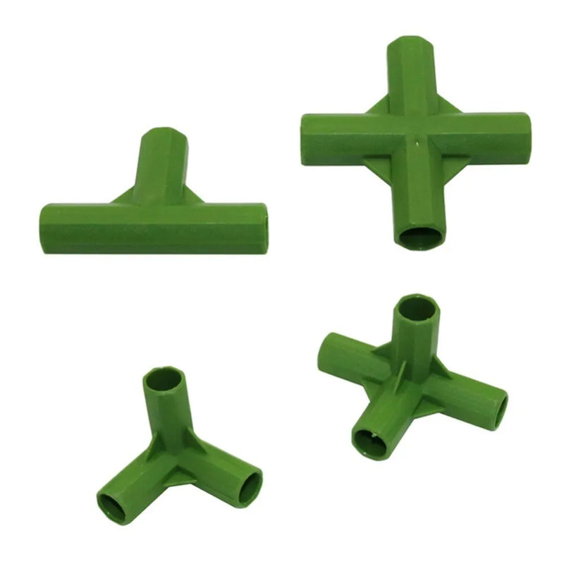 3-way and 4-way plant support connector for 11mm flower stake pole joints, 2-piece set for fixing greenhouse frame, trellis, and climbing plant support systems for cucumber, loofah, clematis, and petunia vines