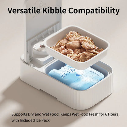 White automatic pet feeder with timer display, ice crystal cooling box, and modular connectors.