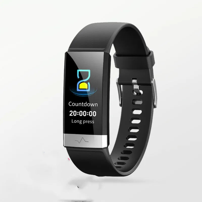 V19 smart fitness tracker in black on a wrist, showing heart rate and SpO2 data on its colour screen.