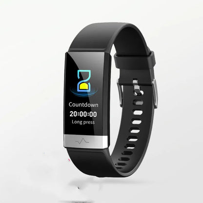 V19 smart fitness tracker in black on a wrist, showing heart rate and SpO2 data on its colour screen.