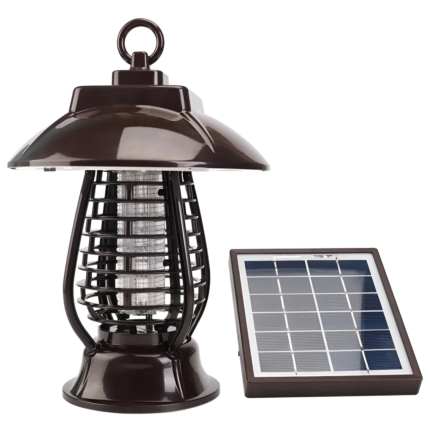 White solar mosquito lamp for outdoor garden use with solar panel and LED lights.
