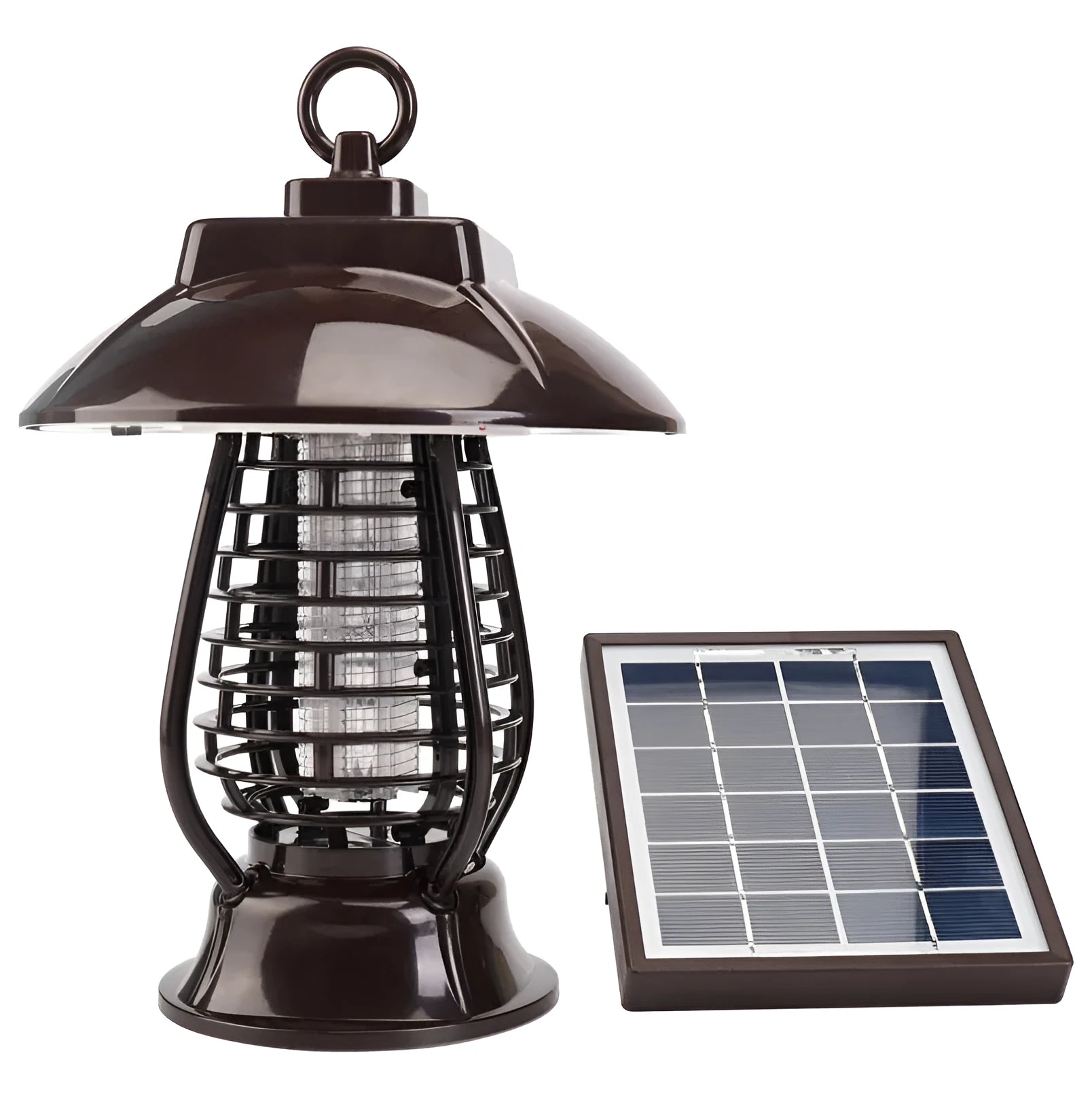White solar mosquito lamp for outdoor garden use with solar panel and LED lights.