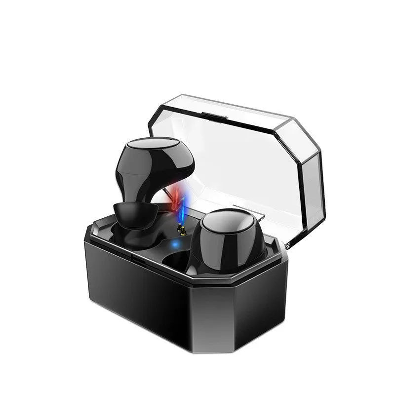 Black wireless neck-mounted sports headphones with magnetic earpieces and charging case