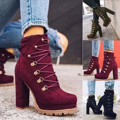 Table suede high heels in army green with 8cm thick heels, waterproof platform, and rivet details on Roman-style boots
