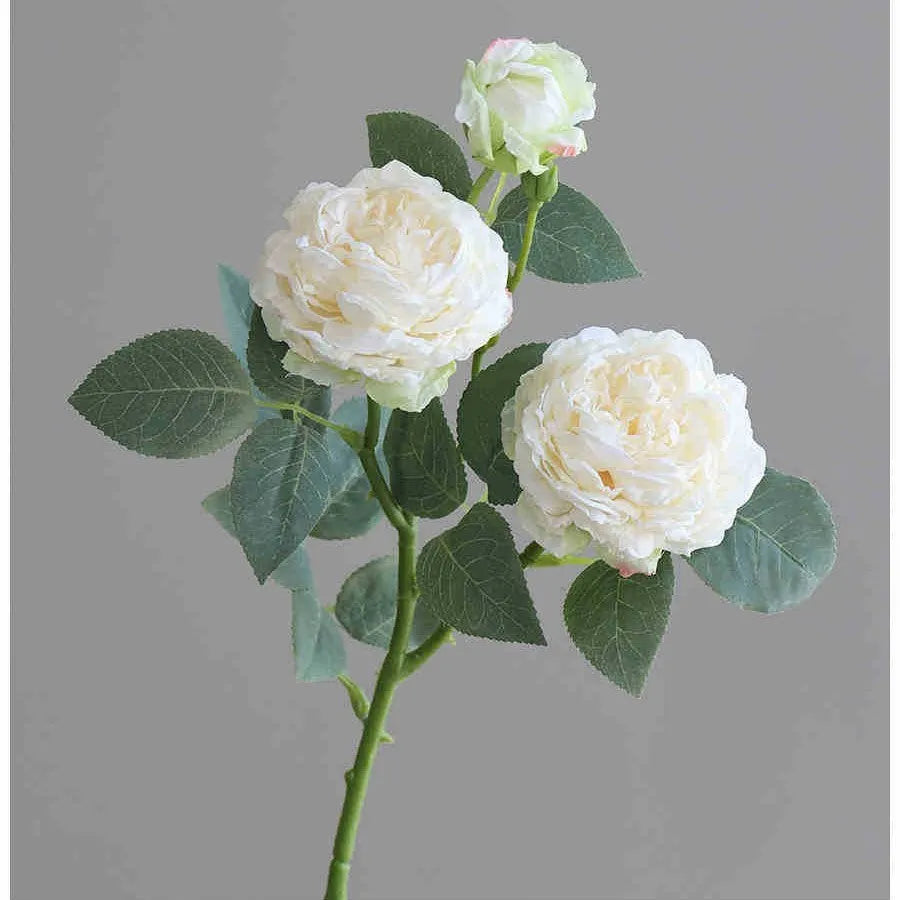 Three-head artificial silk rose flower arrangement with baked edge petals in six colour options