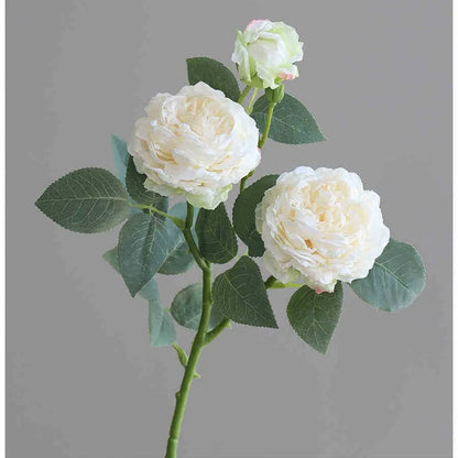 Three-head artificial silk rose flower arrangement with baked edge petals in six colour options