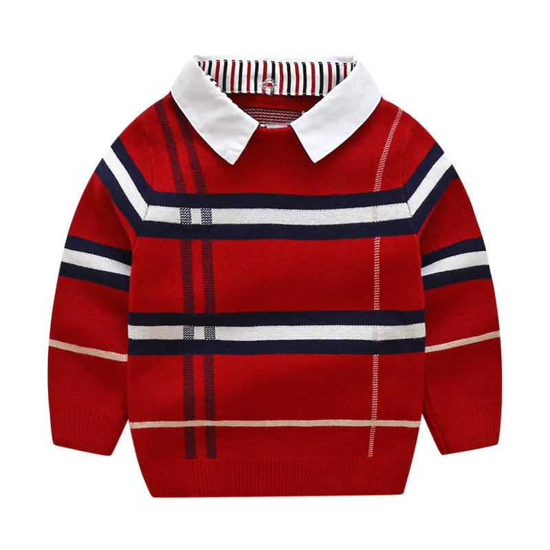 Boys plaid jacquard sweater in Apricot or Navy Blue, long-sleeve cotton-rich pullover for autumn and winter.