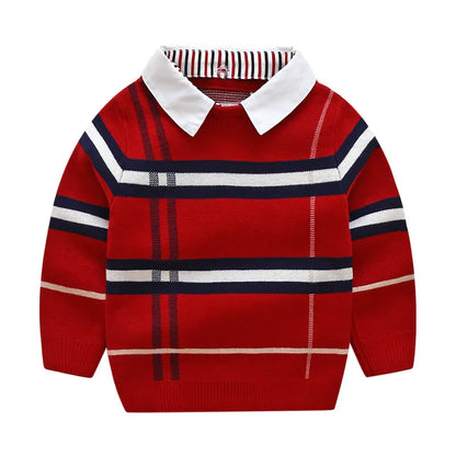 Boys plaid jacquard sweater in Apricot or Navy Blue, long-sleeve cotton-rich pullover for autumn and winter.