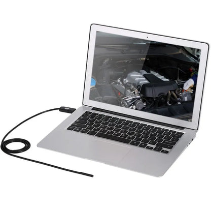OWSOO USB endoscope camera with flexible black cable, small hook, magnet, and side mirror attachments on a white background.