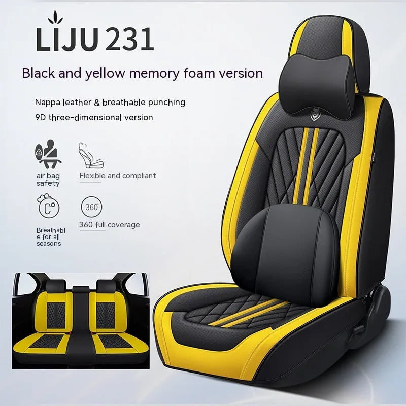 Five-seat car seat cushion set with leather covering in various colour combinations
