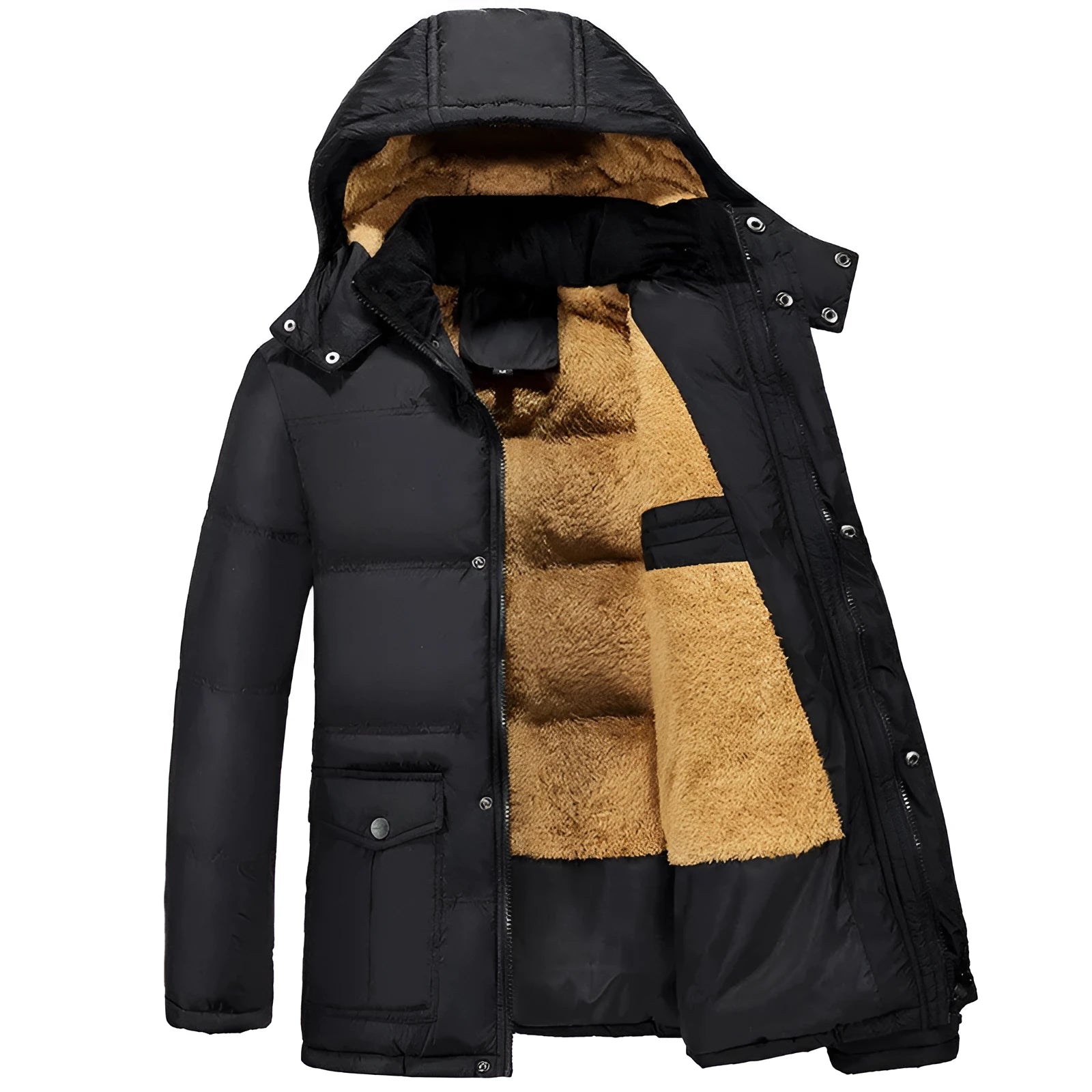 Men's black loose-fit hooded velvet winter jacket with a double-breasted front.