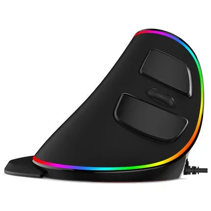 Black vertical ergonomic snail-shaped computer mouse with RGB lighting and USB cable.