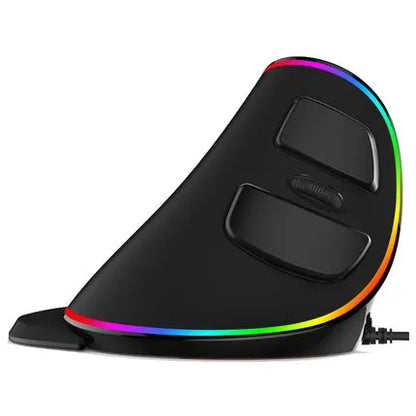 Black vertical ergonomic snail-shaped computer mouse with RGB lighting and USB cable.