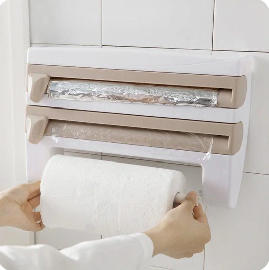 Multifunctional kitchen wall organizer with cling wrap, foil, and paper towel storage compartments and built-in cutting tools
