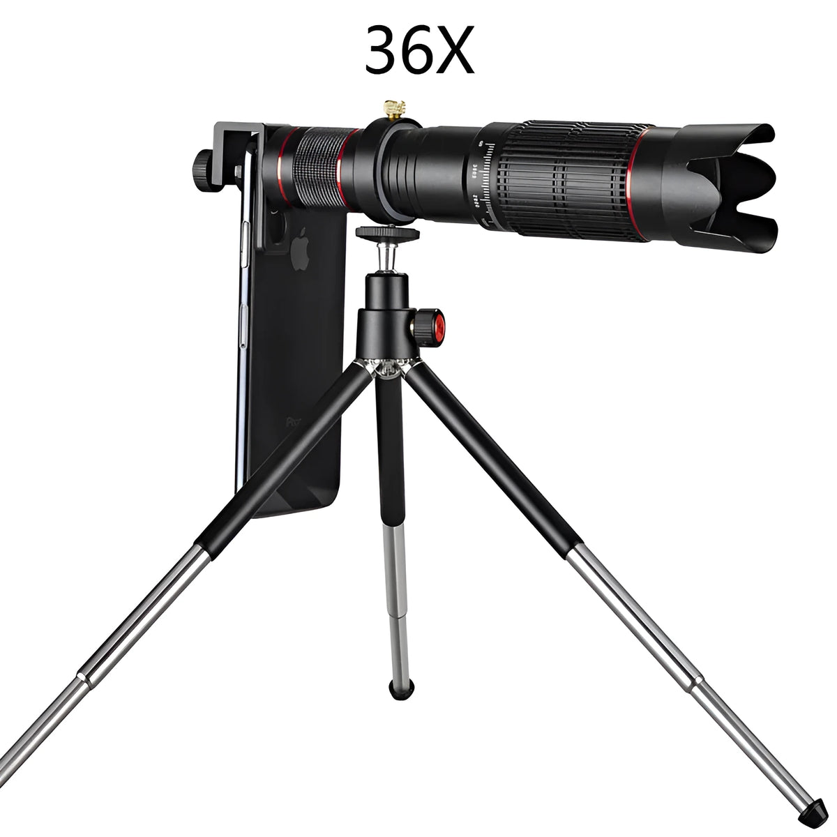 Black 36x telephoto mobile phone telescope with adjustable universal smartphone mount in compact case