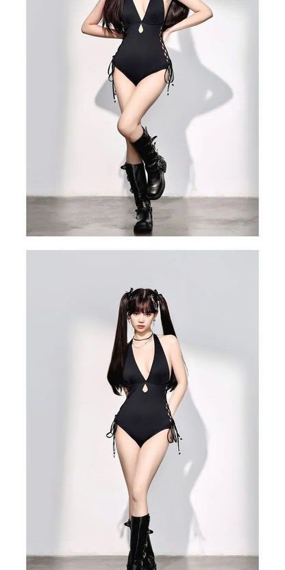 Black women's one-piece swimsuit with V-neck and hollow strap design.